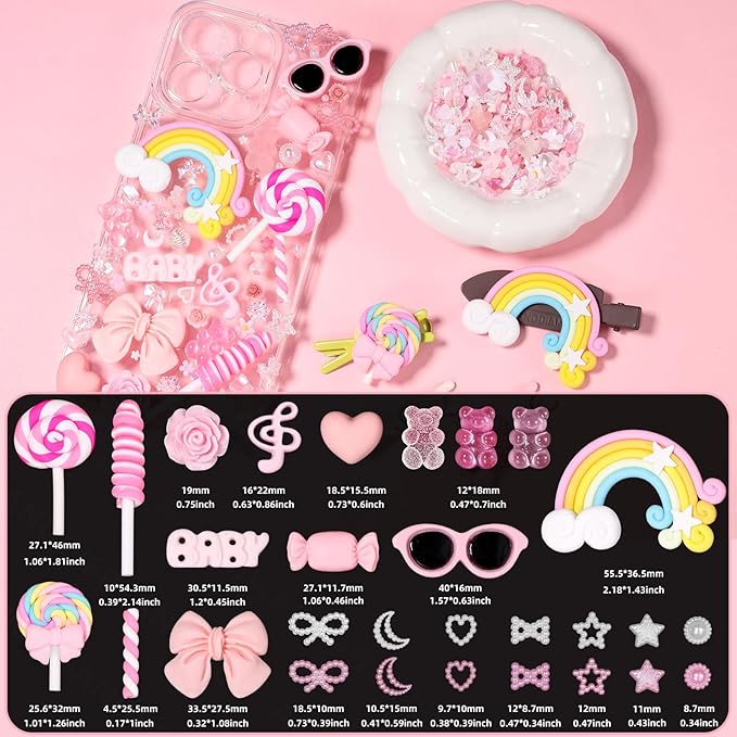 Anower Junk Case Charms Kit, Junk Phone Cases Charm, Flatback Cartoon Lollipop Candy Bear Flower Cute Slime Charms for DIY Crafts, Scrapbooking, Jewelry Making