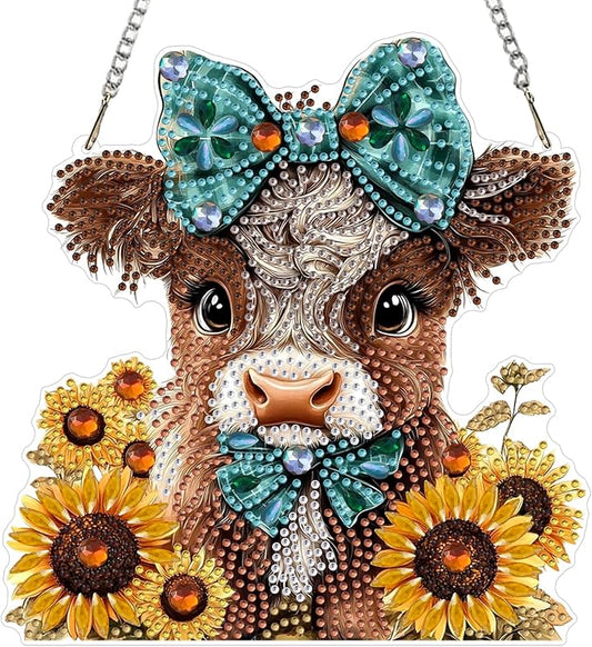 AIRDEA Hanging Diamond Painting Kits Cow,Special Shaped Diamond Art Kits for Beginner Sunflower and Calf Gem Art Pendant Decor,7.87x7.52in