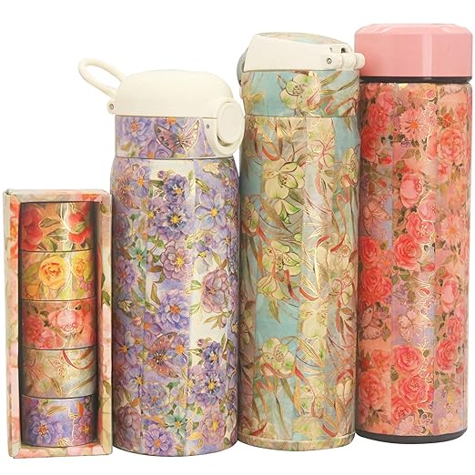 YUBBAEX Blooming Washi Tape Set Gold Foil Masking Tape Peony Wide Decorative for Arts, DIY Crafts, Journal Supplies, Planners, Scrapbook, Card/Gift Wrapping -25mm- (Red Flowers)