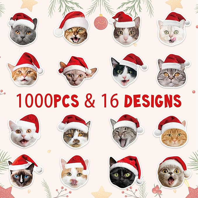 h1vojoxo christmas cat sticker rolls - 1000pcs christmas cat stickers for kids 16 designs xmas cute cats realistic stickers for craft water bottles holiday cute cats sticker for envelopes gift decor