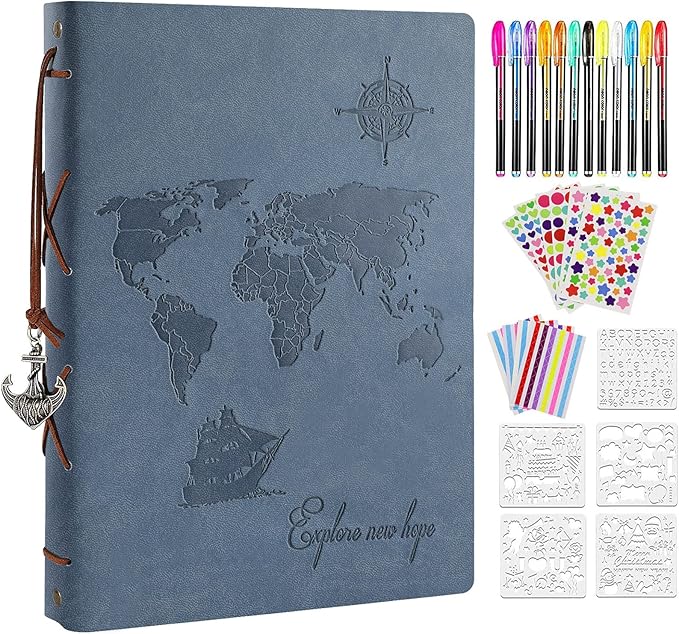 ZEEYUAN Leather Scrapbook Photo Album 60 Pages Vintage Travelling Journal Scrapbook Album DIY Photo Album, World Map Scrap Book Our Adventure Book Memory Photo Book Scrapbook Supplies