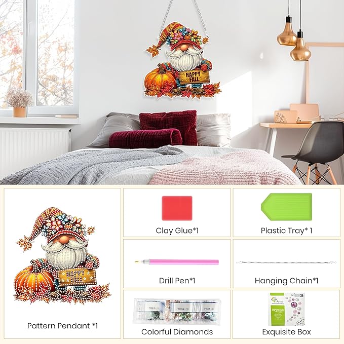 Genius maker Fall Gnome Diamond Art Hanging Kits for Adults, Halloween Special Shaped Diamond Painting Kits, DIY Acrylic 5D Crystal Diamond Gem Art Painting Hanging Ornament for Home Wall Decor