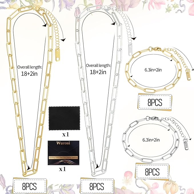 Wurosi 32 Pcs 18K Gold Plated Chain Necklace Bracelets Kit, Paperclip Chains, 18 Inch Bulk Charm Necklace Chain for Jewelry Making, Paperclip Bracelets for Women
