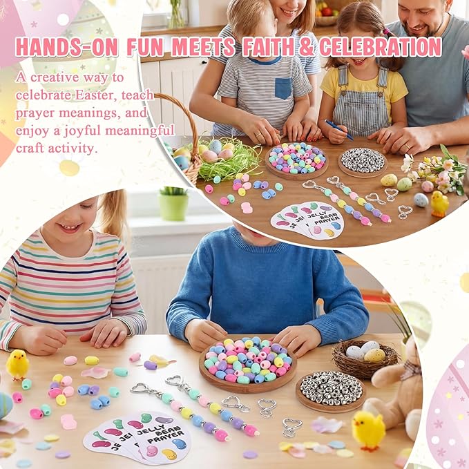 Equsion 423 Pcs/30 Sets Religious Easter Crafts Keychain Beads Making Kit with Jelly Bean Prayer Cards Colorful Beads for Easter Egg Filler Christian Church Sunday School Activities Party Favor Decor