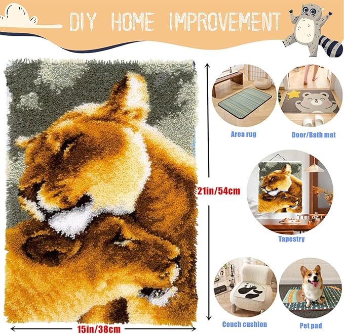 Latch Hook Kits for Adults - DIY Latch Hook Rug Kits, Crochet Kit for Beginners, Rug Making Kits with Printed Canvas, Gift Packaging. Lion Pattern (15x21 Inch)