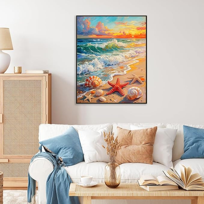 Fotasmua Beach Paint by Numbers Kit for Adults Beginner, Ocean Shellfish Easy Adult Paint by Number Kits on Canvas, DIY Acrylic Oill Painting Arts and Crafts Kits for Home Wall Decor 16x20 Inch