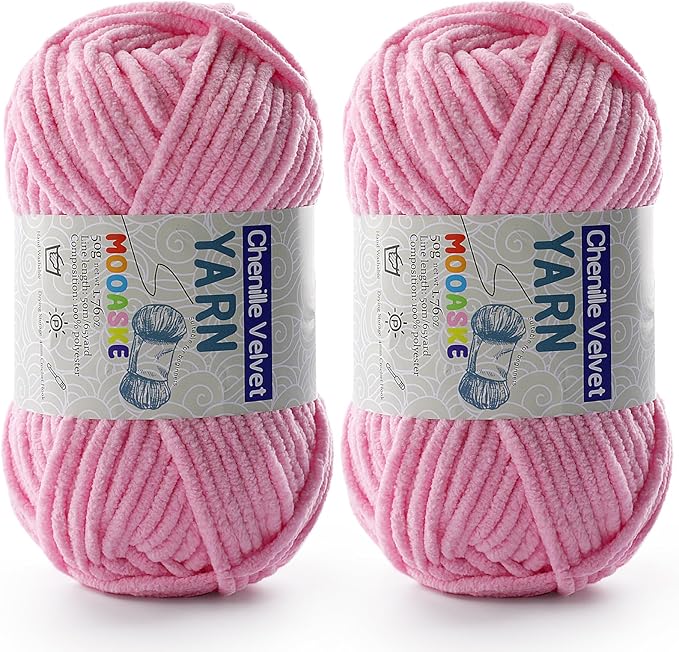 2 Pac Chenille Yarn for Crocheting - Fluffy Yarn for Crochet, Baby Yarn for Crocheting Soft Blankets, 50g/1.76oz, 60m/65yard (Dark Pink)