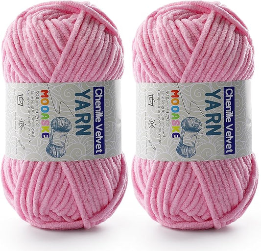2 Pac Chenille Yarn for Crocheting - Fluffy Yarn for Crochet, Baby Yarn for Crocheting Soft Blankets, 50g/1.76oz, 60m/65yard (Dark Pink)