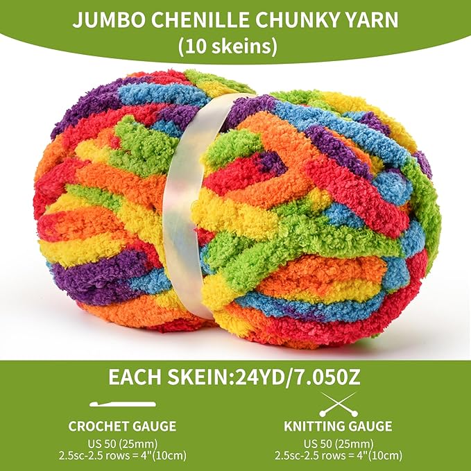 10 Pack Jumbo Chunky Yarn for Hand Knitting, Fluffy Variegated Chunky Chenille Yarn for Crocheting, 240yds/70.5oz Super Bulky Soft Crochet Baby Blanket Yarn(Rainbow)