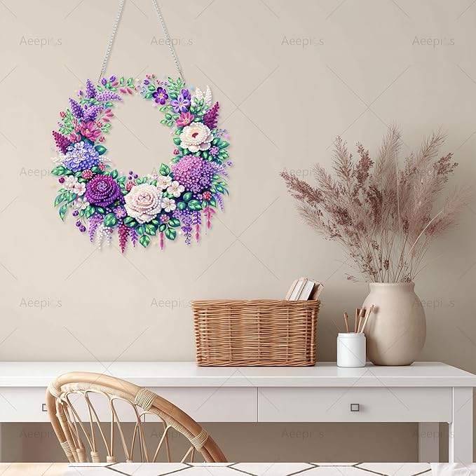 Aeepics Hanging Diamond Art Kit for Adult, DIY Diamonds Painting Pendant Ornament Kit, Acrylic Diamond Art Painting Board Kit (Purple Flower Wreath)