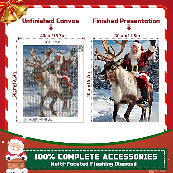 EMIEAUFG Christmas Diamond Art Kits for Adults, Santa Deer Diamond Paiting Kit for Beginners, 5D DIY Round Full Drill Craft Diamond Dot Gem Art, Home Wall Decor 12" x 16"