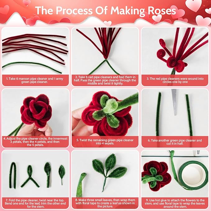 beanicus 600 PCS Valentine's Day Pipe Cleaners Craft, Pipe Cleaners Flowers Kit, Rose Flowers DIY Chenille Stems, Green and Red Pipe Cleaners, Valentines Day Rose Kit, Vday Decoration
