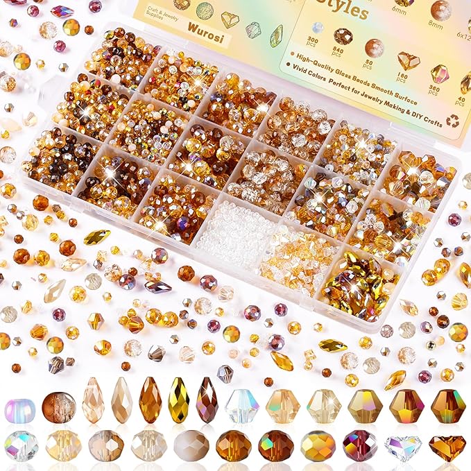 1750 Pcs Glass Beads for Jewelry Making – High Shine, Faceted Cut Design Crystal Beads, DIY Bracelet Necklace Earring Craft Kit with Organizer Box for Valentine's Day Birthday Gifts, Champagne