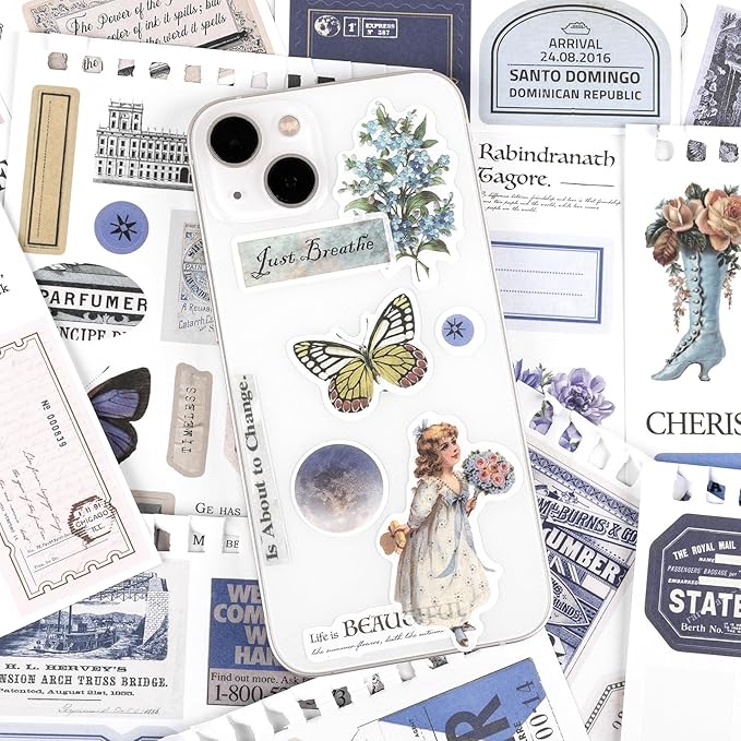 Pre-Cut Vintage Ephemera Washi Scrapbook Sticker Book for Scrapbooking - 50 Sheets Blue Journaling Dark Academia Stickers for Junk Journal Scrap Book Supplies Arts Frame Album, 473PCS