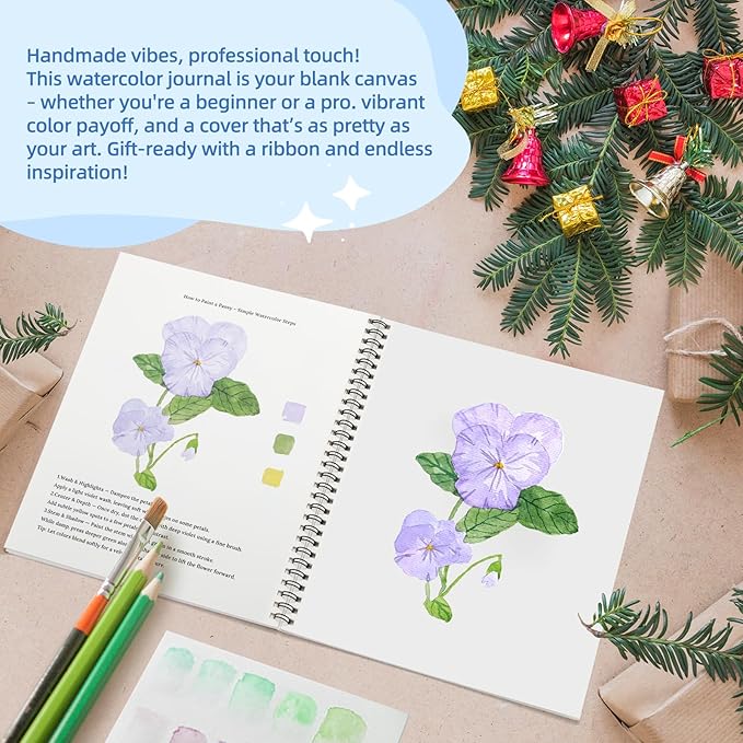 Teswarha Watercolor Workbook Using Thick Real Cotton Watercolor Paper for Adults Teens Spiral Bound 300GSM Art Paper 12 Sheets Flowers 8.2 x 9.8in