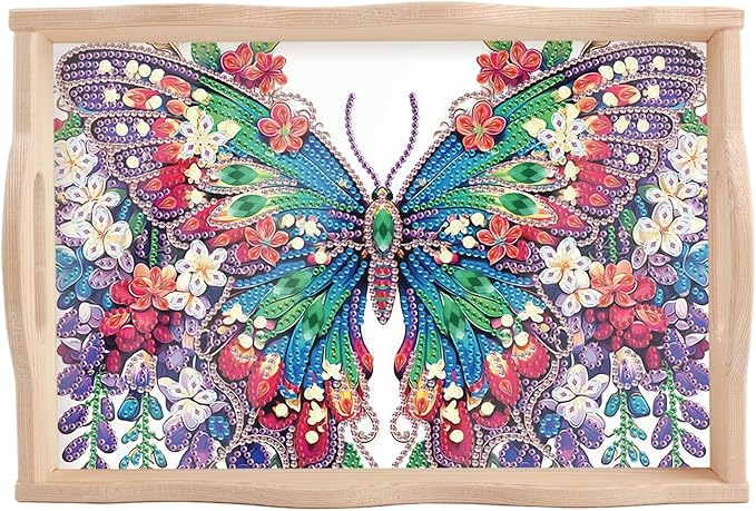 DIY Diamond Art Tray with Handle Diamond Art Painting Plate Creative Design Handmade Wooden Tray Mosaic Making Kits by Number Kits Diamond Art for Coffee Living Room Home Organizer (Butterfly)