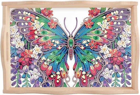 DIY Diamond Art Tray with Handle Diamond Art Painting Plate Creative Design Handmade Wooden Tray Mosaic Making Kits by Number Kits Diamond Art for Coffee Living Room Home Organizer (Butterfly)