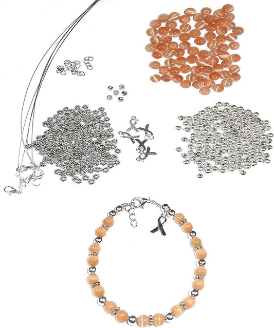 Hidden Hollow Beads DIY Craft Beading Kit, Everything to Make Cancer Awareness Bracelets, Uses Wire, Crimps and Clasps, Fundraising and Gifts (Uterine Cancer - Peach - Makes 5)