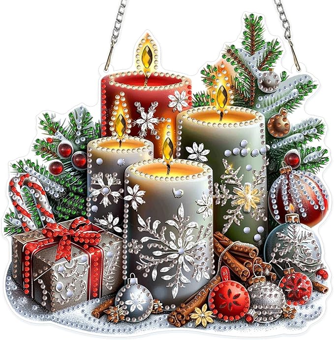 MOGTAA Christmas Diamond Art Hanging Kits for Adults Kids, Christmas Candle Diamond Art Suncatchers, 5D Special Shape Diamond Painting Window Pendant Kit for Home Garden Wall Decor
