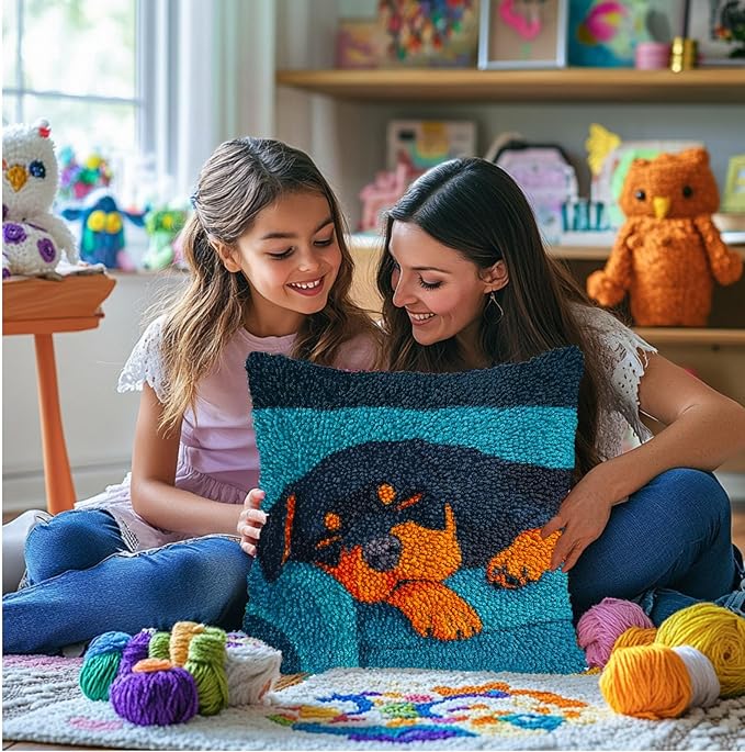 DIY Latch Hook Pillow Kits for Adults Rottweiler Dog Puppy Sleeping Printed Pillowcase Crochet Yarns Hooking Handmade Pillow Cover Cushion for Home Sofa Decoration 17x17inch-4