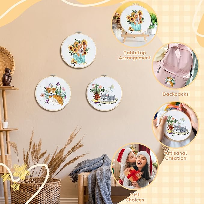 useamie 3 pack embroidery kit, diy cross stitch starter set, includes 3 embroidery patterns, embroidery hoop, printed embroidery fabric, needles,perfect for art supplies for home decoration and gift