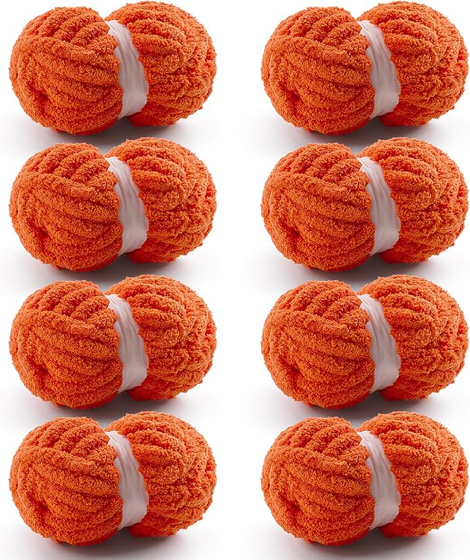 Chunky Chenille Yarn for Hand Knitting & Crocheting - 8 Pcs, 28.4 yds/7.7 oz, Super Bulky, Soft, Thick, Fluffy, Jumbo Yarn - Orange Red