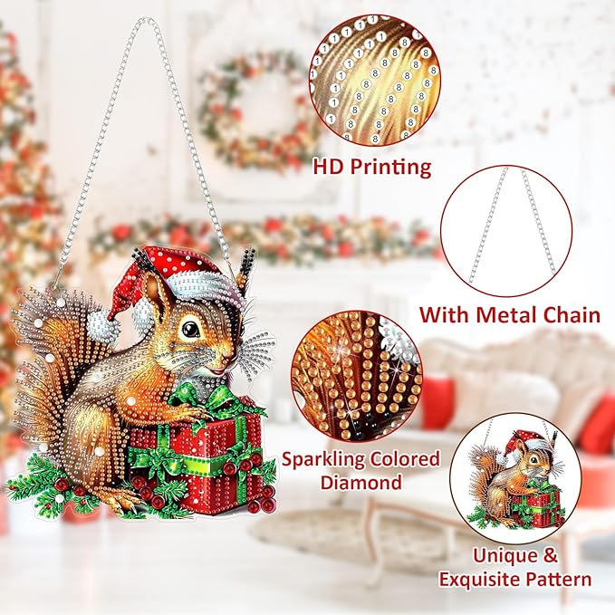 SENQAO Squirrel Diamond Art Hanging Kits for Adults Kids, Christmas Diamond Art Suncatchers, 5D Special Shape Diamond Painting Pendant Window Ornament Gifts for Home Garden Door Wall Decor