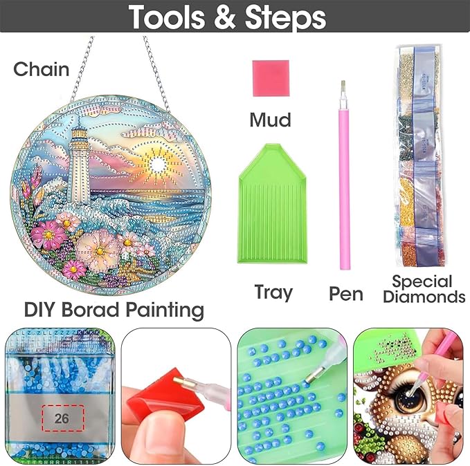 SKRYUIE Lighthouse Hanging Diamond Art Kits for Adults Pendant Suncatcher, Special Shaped Crystal DIY Pearl Diamond Painting Kit, Gift for Mother Spring Summer Window Wreath Decor 7.48 x 7.32 Inch A44
