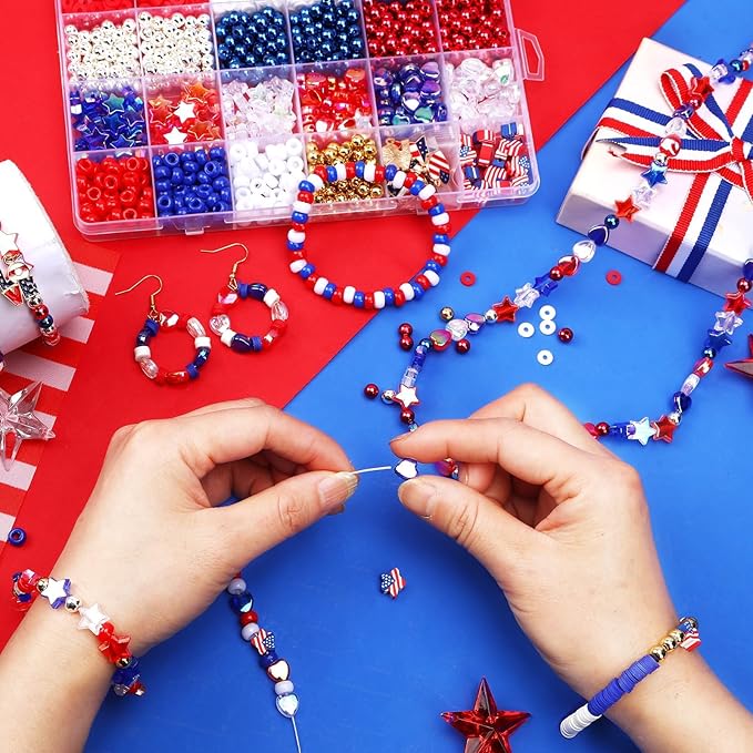UPINS 2100PCS+ Red White and Blue Beads Bracelet Making Kit 4th of July Patriotic Beads for Jewelry Making Heishi Beads for DIY Bracelets Independence Day Crafts