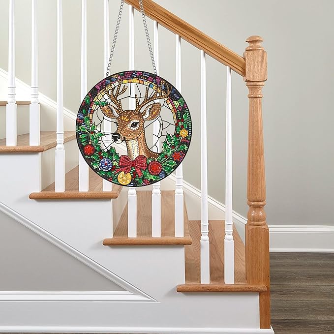 Hanging Diamond Art Kits for Adults Christmas Deer – 8x8 Inch Double-Sided Acrylic Board DIY Crystal Diamond Suncatcher Pendant, Sparkling Home Wall or Window Decoration Handmade Gift