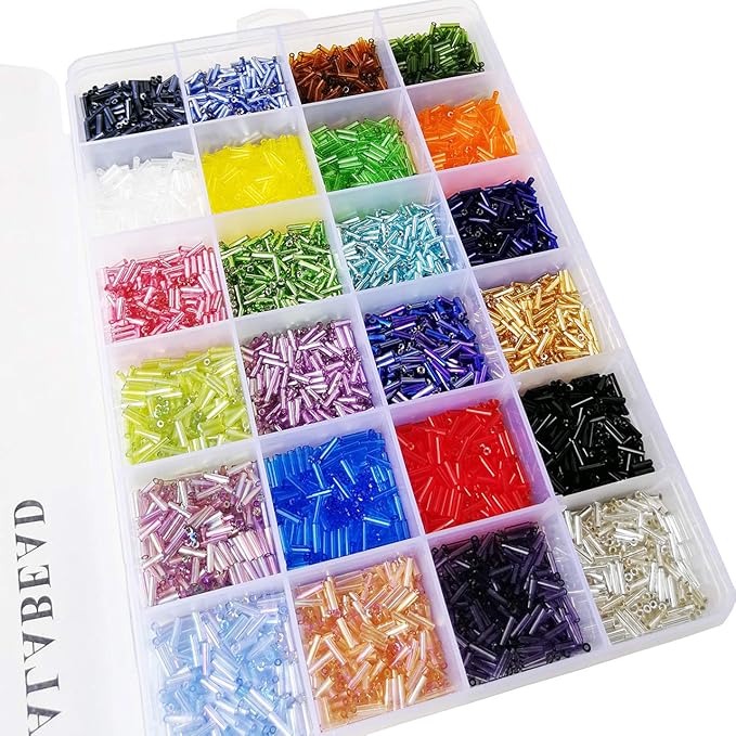 Size 6mm Glass Bugle Beads with Beading Needles About 7200pcs in Box,24 Multicolor Assortment Length 6mm Tube Beads for Jewelry Making (300pcs/Color, 24 Colors)