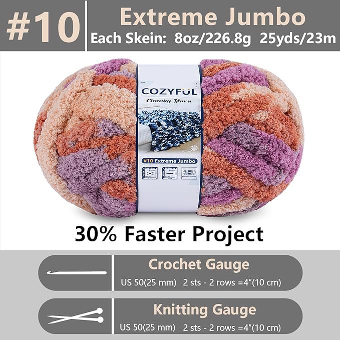 Chunky Yarn for Hand Knitting - #10 Chunky Chenille Blanket Yarn, Jumbo Big Thick Chunky Yarns for Crocheting, Tie Dye Bulky Knit Yarns, 8 Skein (25 yds 8 oz Each Skein), Purple & Orange