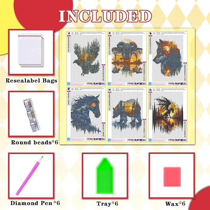 igoodom 6 Pack Animal Diamond Art Kits for Adults, Diamond Painting Kit, Full Drill Round Diamond Art Kits, DIY Gem Art and Crafts for Home Wall Decor Gift 9.8x13.7inch