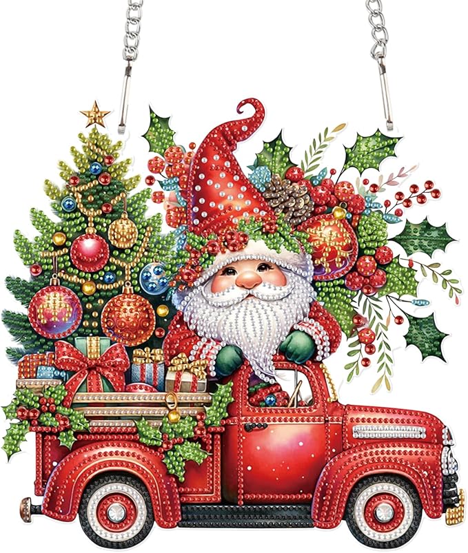 5D DIY Christmas Diamond Art Pendant Kit, Gnome, Christmas Tree & Car Design, Diamond Painting Hanging Ornament for Adults, Crystal Window & Door Decor, Holiday Gift Wall Home Decoration (24.1x23.4cm)