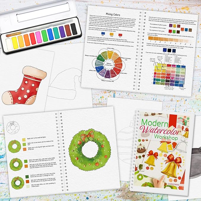 Watercolor Workbook, Watercolor Workbook Paint Book Beginner Friendly with 12 Patterns, Beginner-Friendly Watercolor Workbooks with 12 Paint Colors & Brush, Water Color Paint Set, Valentine's Day Gift