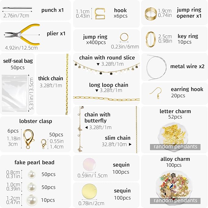 1014pcs Chains Jewelry Making Kit, DIY Keychain Earrings Bracelet Necklace Waist/Head/Thigh/foot/Shoes Chains Cup Charm,All in One Kit Contains Metal Chains Pendants Clasps Self-seal Bags for Gift