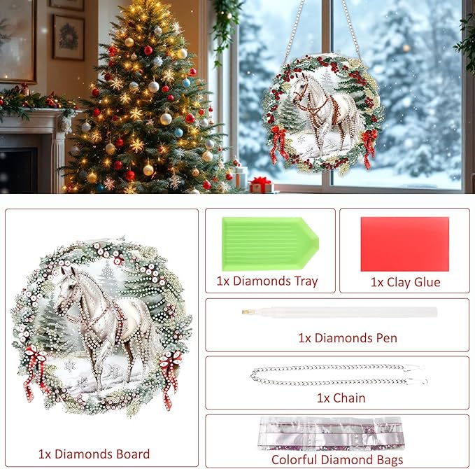 SENQAO Horse Diamond Art Hanging Kits for Adults Kids, Christmas Diamond Art Suncatchers, 5D Special Shape Diamond Painting Pendant Window Ornament Gifts for Home Garden Door Wall Decor