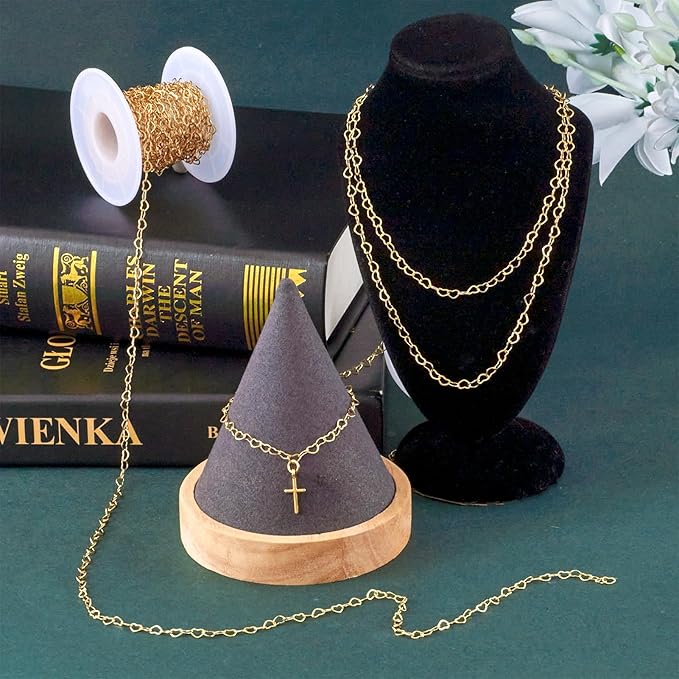Pandahall 16.4 Feet 18K Gold Plated Brass Heart Link Chains 3x5x0.5mm Soldered Brass Cable Chains with Spool for Bracelet Necklace Jewelry Making