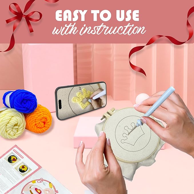 Punch Needle Kit for Beginners Adults Easy Needle Punch Embroidery Tool Set Including Threader Instruction Fabric Hoop Yarn Coaster DIY Making Kit Supplies,Set of 8 Vintage 80S Art Crafts Gifts