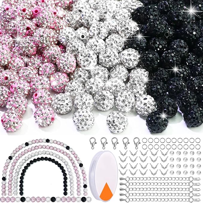Dowarm 255PCS 10mm Rhinestone Beads for Baseball Rhinestone Necklace Bracelet Jewelry Making, Round Polymer Clay Beads for Crafts Beaded Pen, Shamballa Pave Disco Diamond Bead, Pink|White|Black