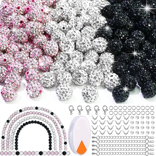 Dowarm 255PCS 10mm Rhinestone Beads for Baseball Rhinestone Necklace Bracelet Jewelry Making, Round Polymer Clay Beads for Crafts Beaded Pen, Shamballa Pave Disco Diamond Bead, Pink|White|Black