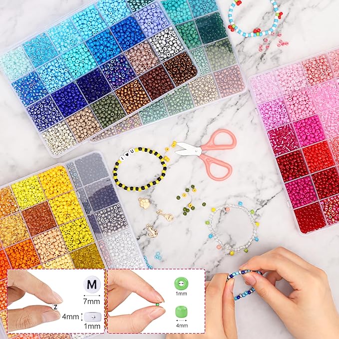QUEFE 15600pcs 4mm Glass Seed Beads 120 Colors Beads for Bracelet Making Kit Friendship Bracelet Kit with Letter Beads Accessories Charms and Pendants Kit for DIY Jewelry Making Girls Craft
