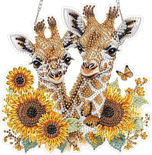 Diamond Art Kit for Adult, Floral Giraffes, Diamond Art Painting Double Sided Window Pendants for Home Garden Wall Hanging, DIY Special Shaped Gem Hanging Ornaments, Beautiful Giraffe with Sunflower