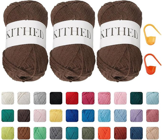 Cotton Chainette Yarn,4 Medium (Worsted)-10oz,3 Pack,Knitting Yarn for Beginners,Thicker for Crocheting and Knitting (15 Dark Coffee)
