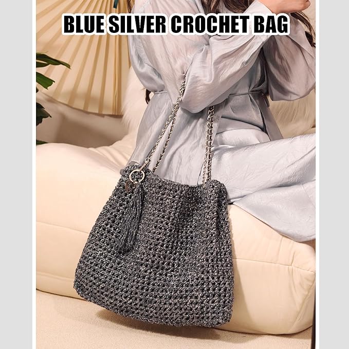 Herally Crochet Kit DIY for Beginners - Include Yarn, Hook and Accessory - with Step by Step Video Tutorials - Shining Tote Bag (Navy Blue)