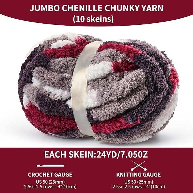 10 Pack Jumbo Chunky Yarn for Hand Knitting, Fluffy Variegated Chunky Chenille Yarn for Crocheting, 240yds/70.5oz Super Bulky Soft Crochet Baby Blanket Yarn(White-Grey-Wine Red)