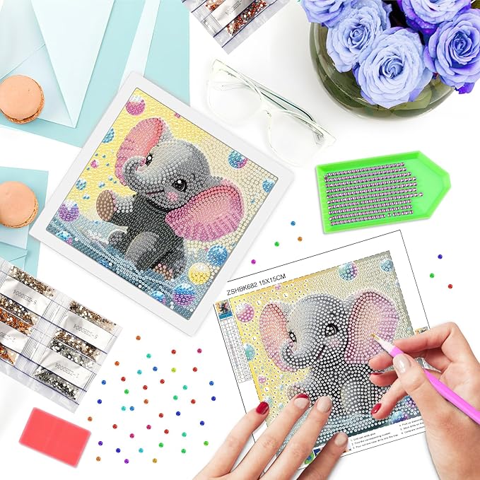 SENQAO Elephant Diamond Art Kit for Adults with Frame Art and Crafts for Adults Ages 6-8 -10-12 Easy to DIY Diamond Art for Adults and Adult Beginners Home Wall Decoration 7.1x7.1inch