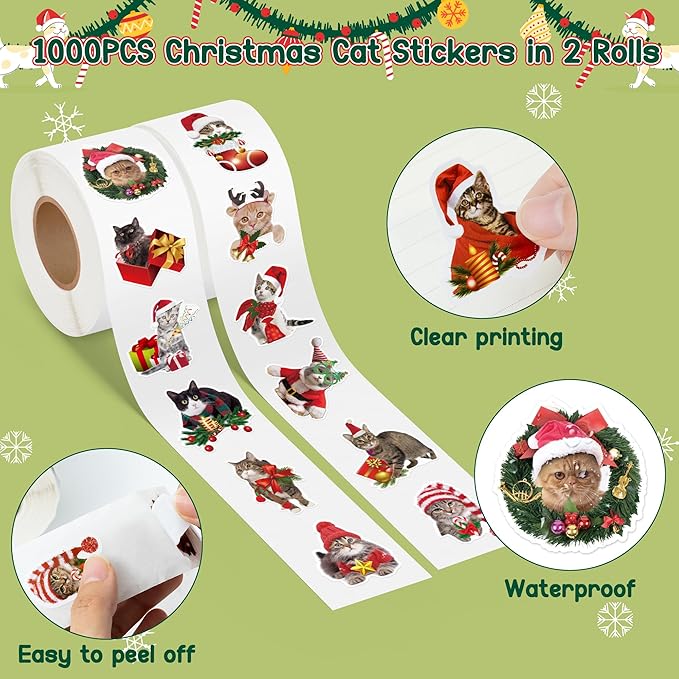 h1vojoxo christmas cat sticker rolls- 1000pcs holiday cat stickers for kids 16 styles christmas cute cats realistic sticker xmas gift cats stickers for envelopes craft water bottles