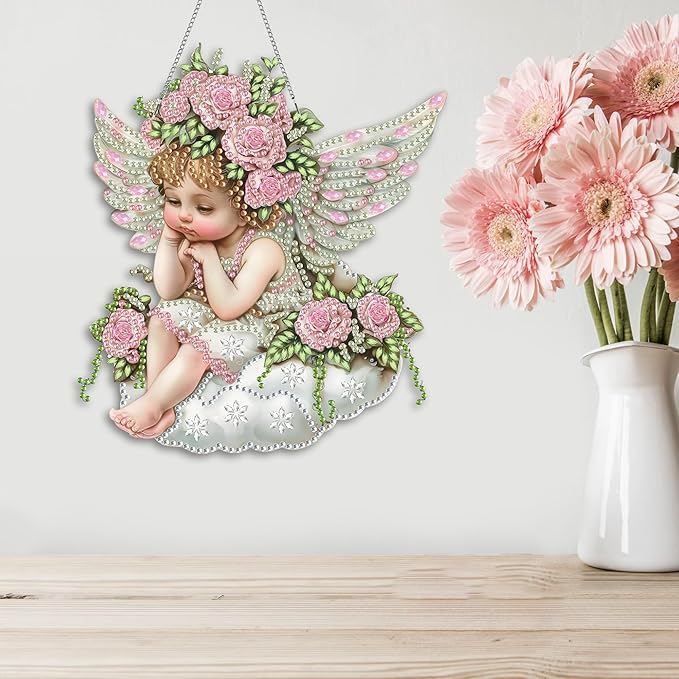 Kaliosy Sun Catcher Angel Window Hanging Ornament - Outdoor Porch Decor, Flowers Themed Diamond Art Ornament, Acrylic Board Diamond Painting for Wall Home Garden, Front Door Sign, Indoor Decor 8x8inch