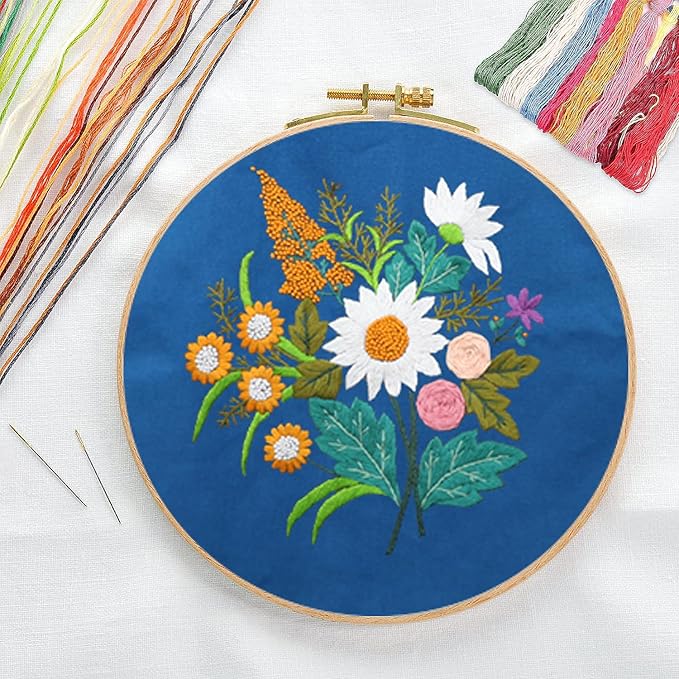 Canvas Tote Bag Embroidery Kit with Pattern for Beginners, Arts and DIY Embroidery Crafts Kits for Adults, Instructions, thimble, Embroidery Hoops, Color Threads (darkblue, CR002 chenhuicaoxin)